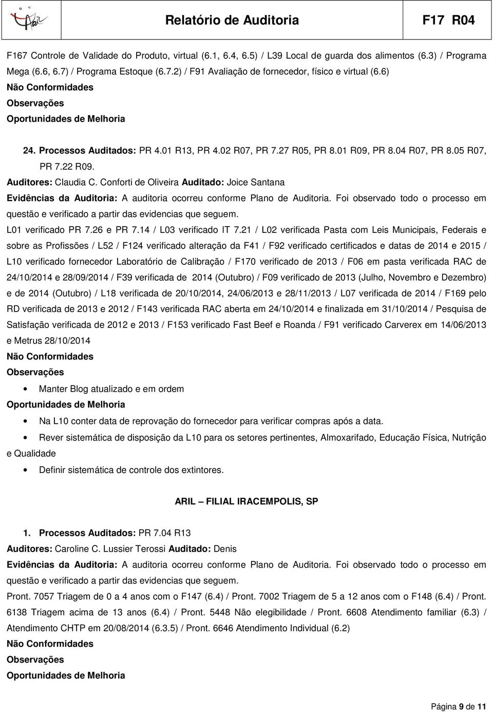 Conforti de Oliveira Auditado: Joice Santana L01 verificado PR 7.26 e PR 7.14 / L03 verificado IT 7.