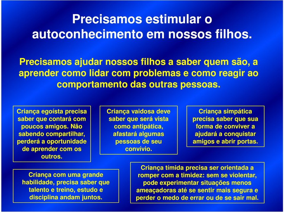 Não sabendo compartilhar, perderá a oportunidade Criança vaidosa deve saber que será vista como antipática, afastará algumas pessoas de seu Criança simpática precisa saber que sua forma de conviver a