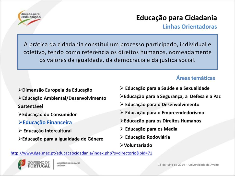 Sexualidade Educação para a Segurança, a Defesa e a Paz Educação para o Desenvolvimento Educação para o Empreendedorismo Educação para