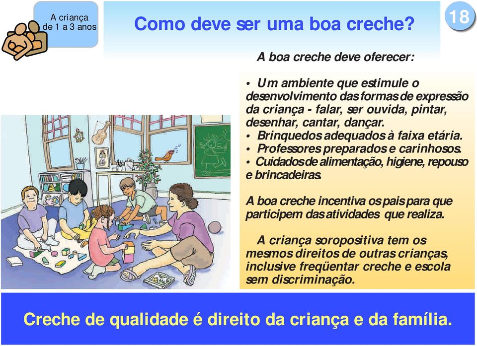 desenhar, cantar, dançar. Brinquedos adequados à faixa etária. Professores preparados e carinhosos.