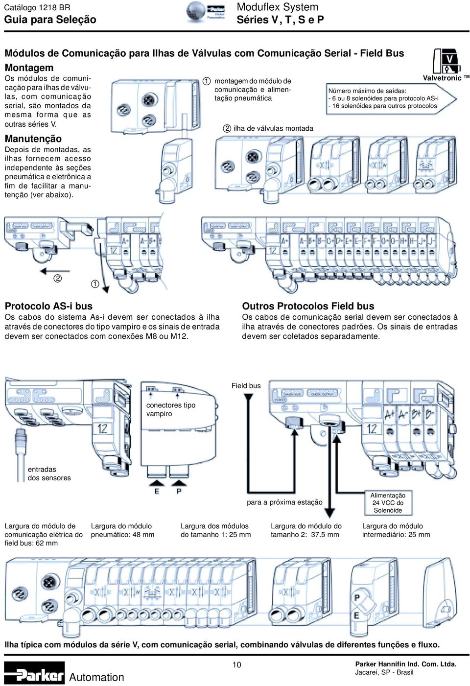 ontagem do módulo de comunicação e alimentação pneumática 2 ilha de válvulas montada Número máximo de saídas: - 6 ou 8 solenóides para protocolo AS-i - 16 solenóides para outros protocolos