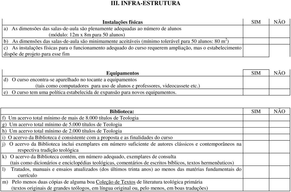 esse fim Equipamentos SIM NÃO d) O curso encontra-se aparelhado no tocante a equipamentos (tais como computadores para uso de alunos e professores, videocassete etc.