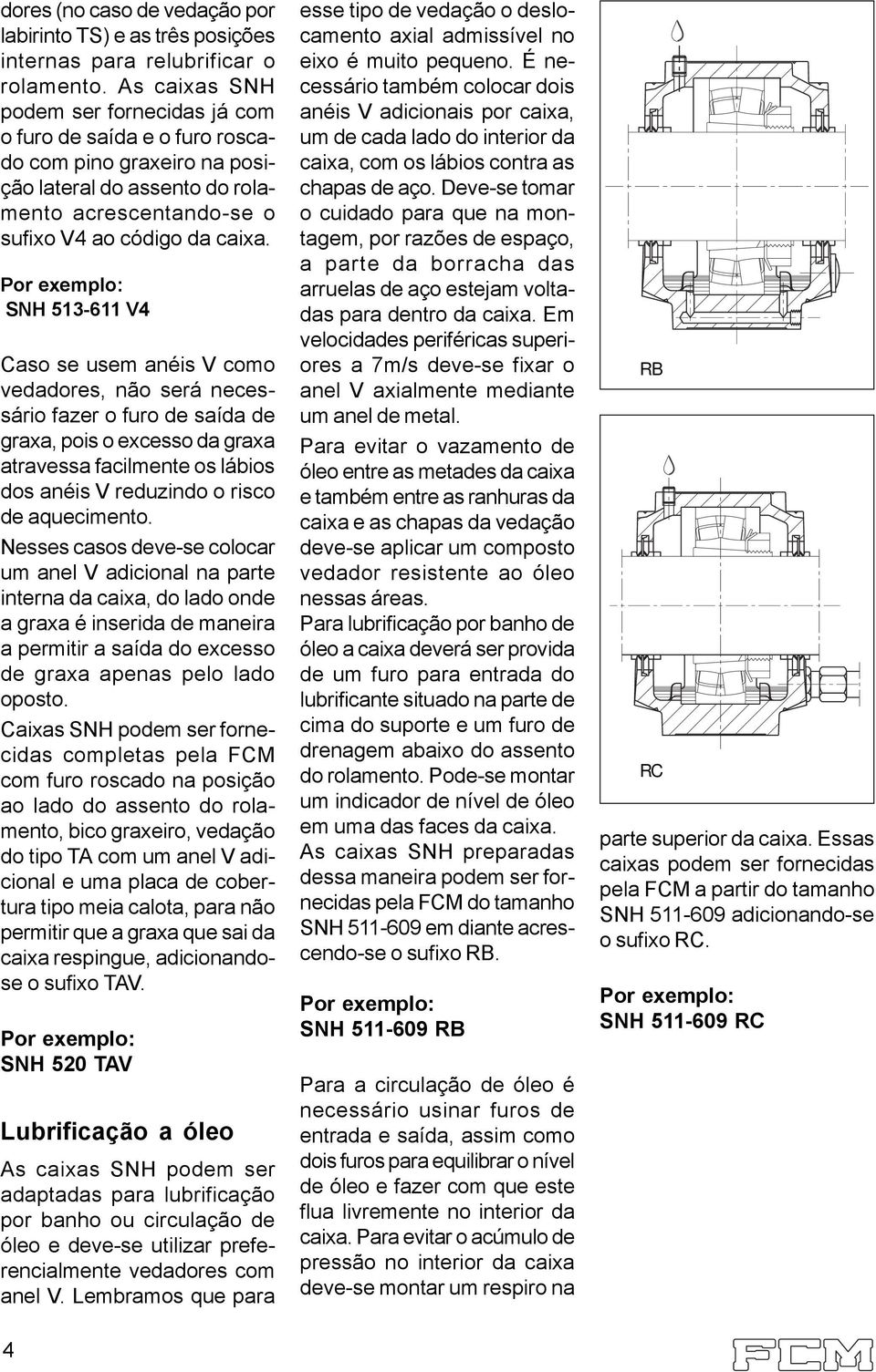 Por exemplo: SNH 513-611 V4 Caso se usem anéis V como vedadores, não será necessário fazer o furo de saída de graxa, pois o excesso da graxa atravessa facilmente os lábios dos anéis V reduzindo o