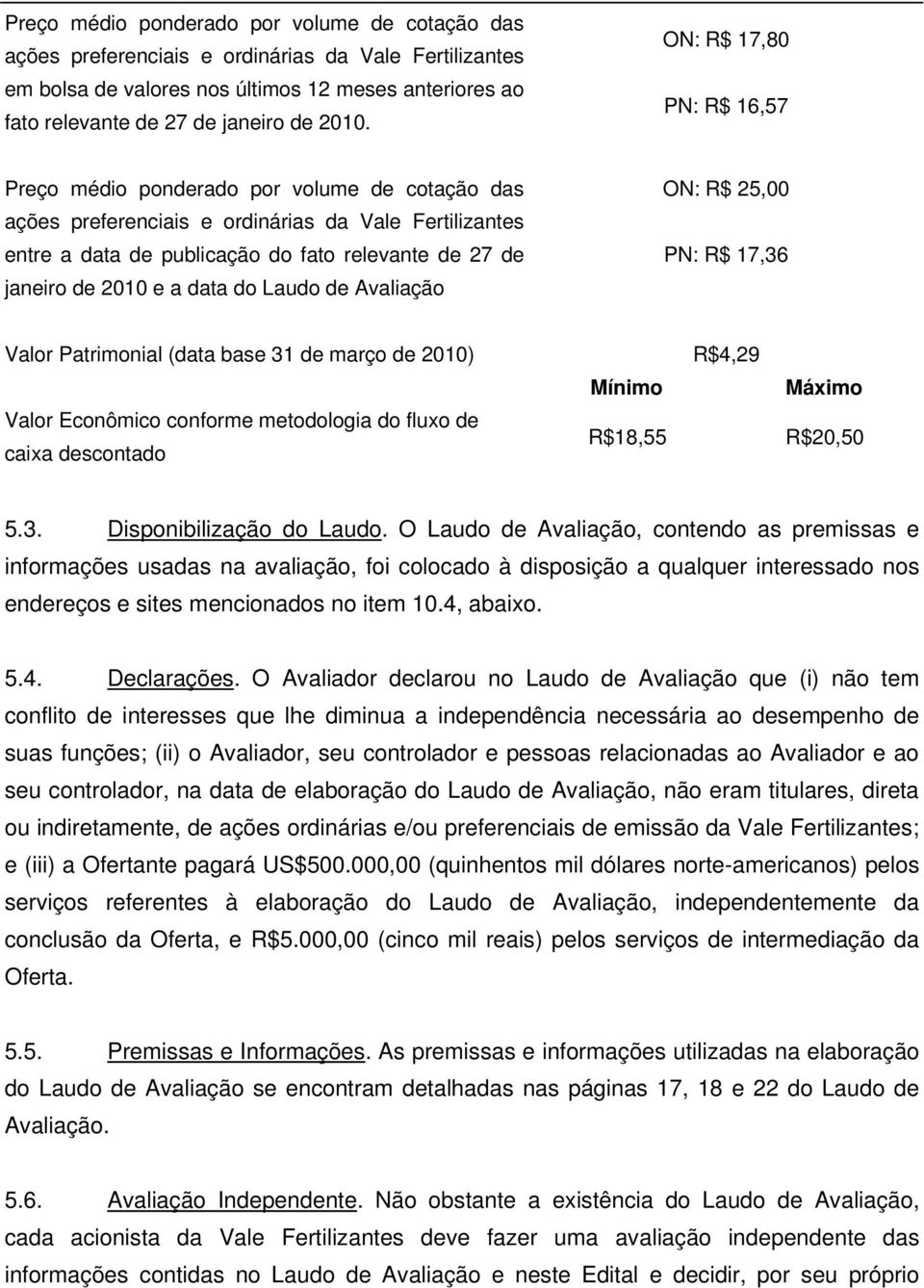 e a data do Laudo de Avaliação ON: R$ 25,00 PN: R$ 17,36 Valor Patrimonial (data base 31 de março de 2010) Valor Econômico conforme metodologia do fluxo de caixa descontado Mínimo R$18,55 R$4,29