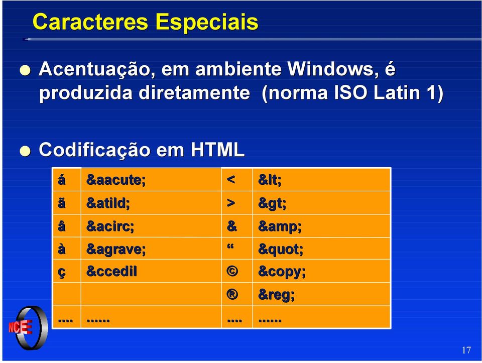 Latin 1) Codificação em HTML á á < < ã