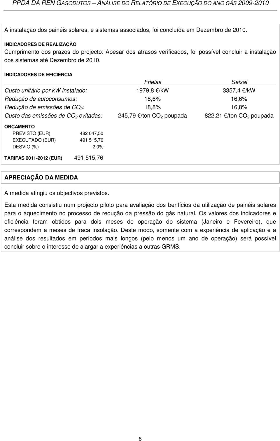 INDICADORES DE EFICIÊNCIA Frielas Seixal Custo unitário por kw instalado: 1979,8 /kw 3357,4 /kw Redução de autoconsumos: 18,6% 16,6% Redução de emissões de CO 2 : 18,8% 16,8% Custo das emissões de CO