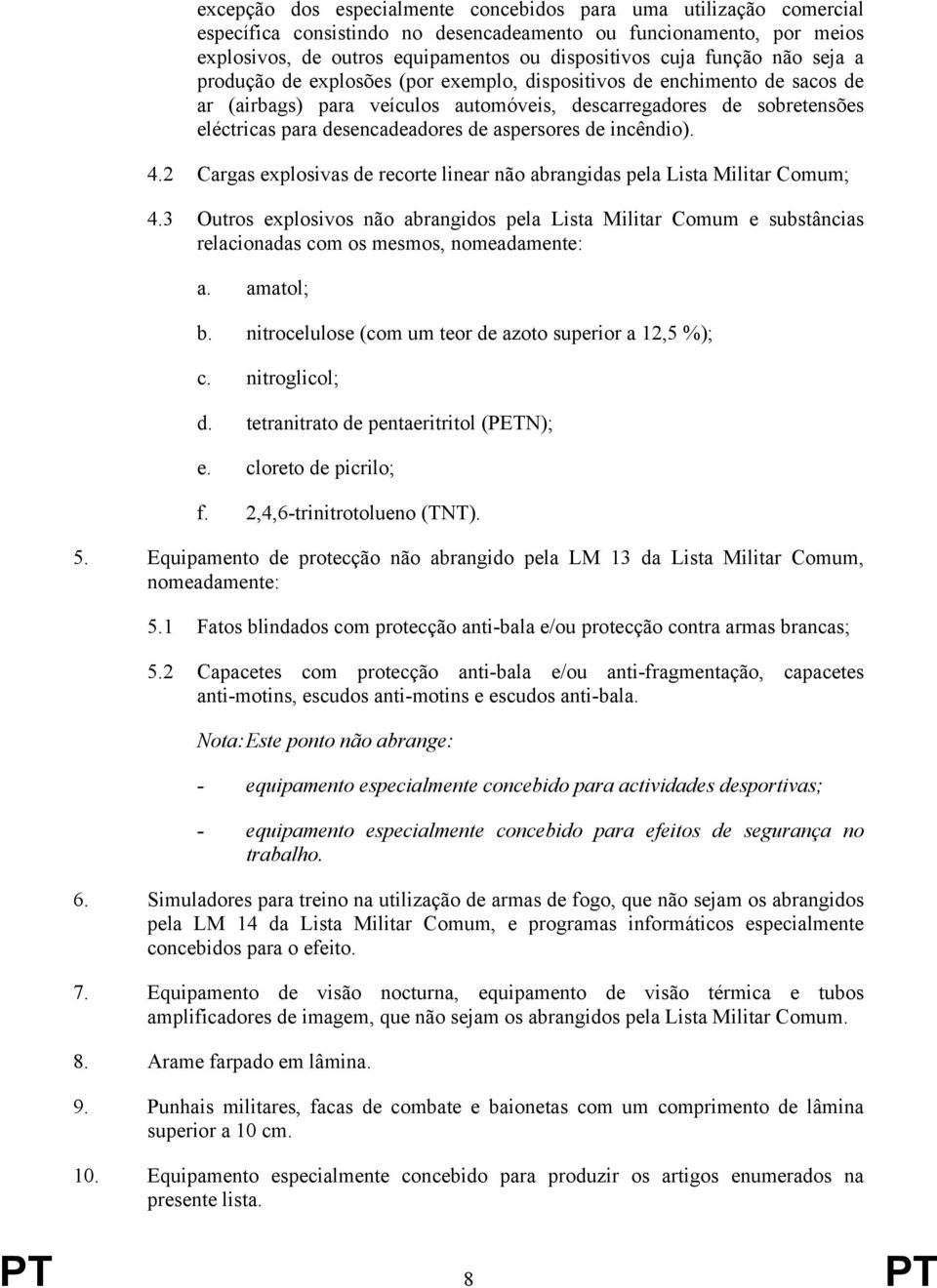 aspersores de incêndio). 4.2 Cargas explosivas de recorte linear não abrangidas pela Lista Militar Comum; 4.