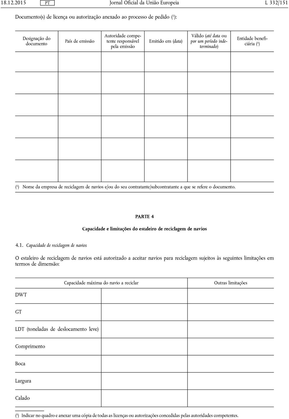 Válido (até data ou por um período indeterminado) Entidade beneficiária ( 1 ) ( 1 ) Nome da empresa de reciclagem de navios e/ou do seu contratante/subcontratante a que se refere o documento.