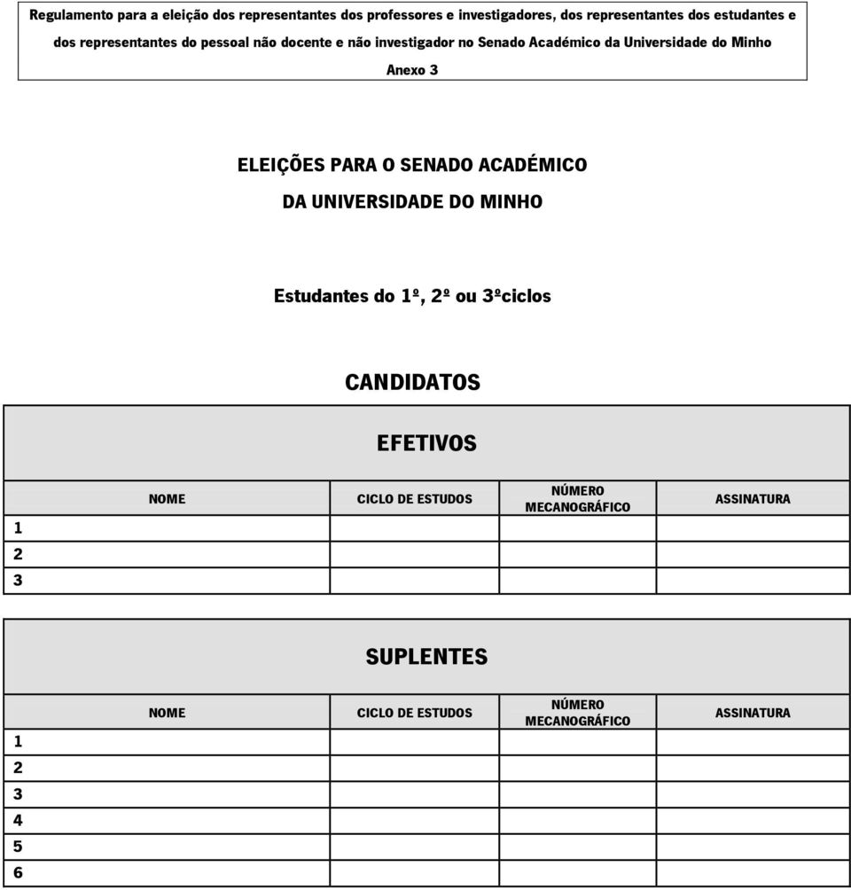 ELEIÇÕES PARA O SENADO ACADÉMICO DA UNIVERSIDADE DO MINHO Estudantes do 1º, 2º ou 3ºciclos CANDIDATOS EFETIVOS 1 2