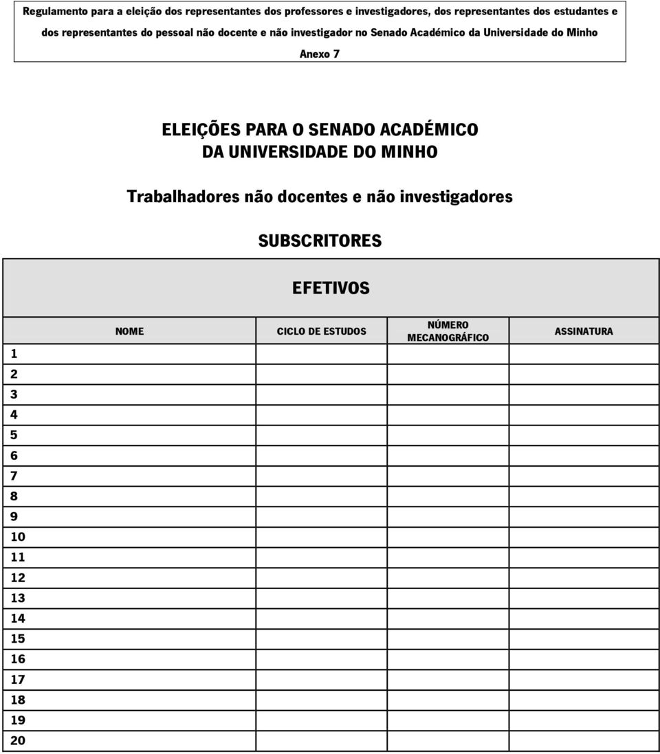 ELEIÇÕES PARA O SENADO ACADÉMICO DA UNIVERSIDADE DO MINHO Trabalhadores não docentes e não investigadores