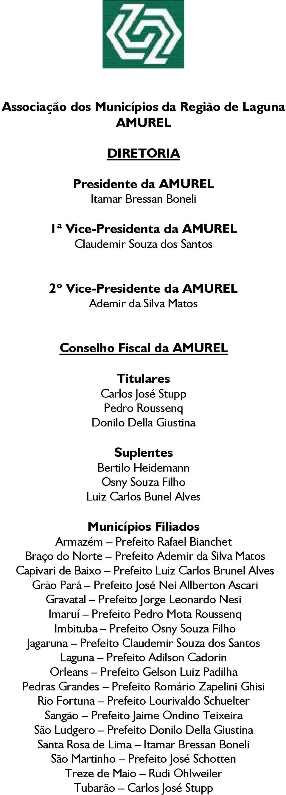 Armazém Prefeito Rafael Bianchet Braço do Norte Prefeito Ademir da Silva Matos Capivari de Baixo Prefeito Luiz Carlos Brunel Alves Grão Pará Prefeito José Nei Allberton Ascari Gravatal Prefeito Jorge