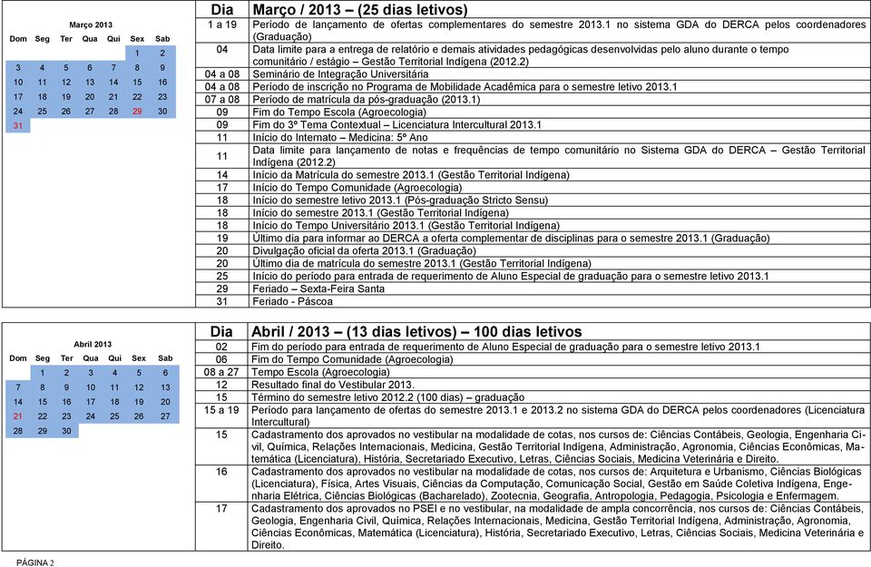 1 no sistema GDA do DERCA pelos coordenadores (Graduação) 04 Data limite para a entrega de relatório e demais atividades pedagógicas desenvolvidas pelo aluno durante o tempo comunitário / estágio