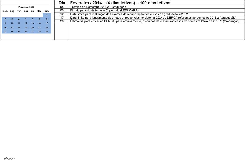 2 - Graduação 06 Fim do período de férias 6º período (LEDUCARR) 12 Data limite para realização dos exames de recuperação dos cursos de graduação