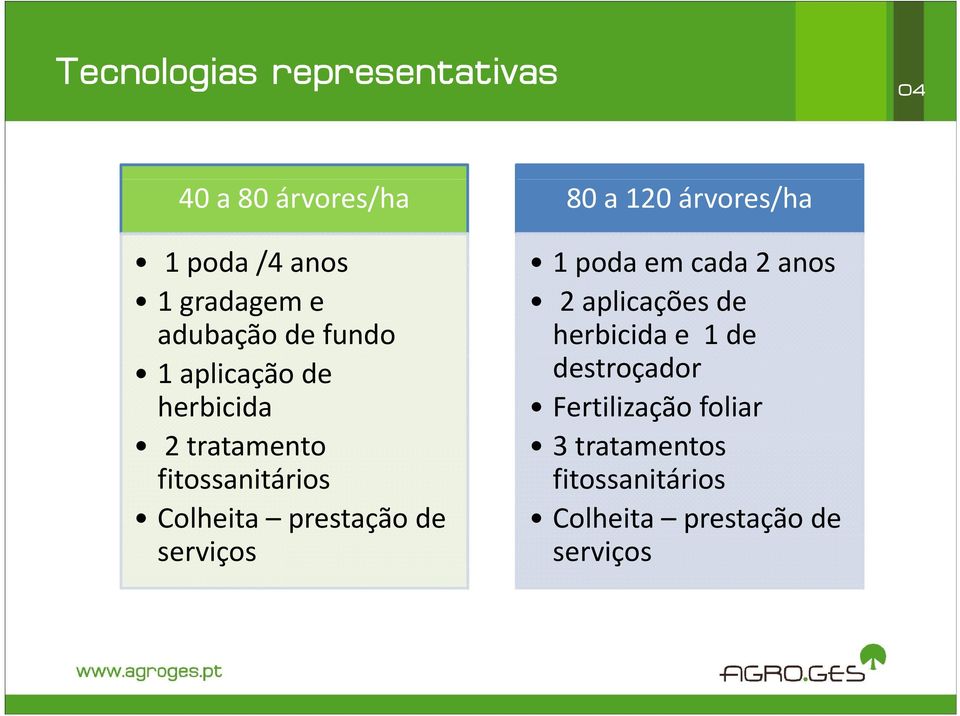 serviços 80 a 120 árvores/ha 1 poda em cada 2 anos 2 aplicações de herbicida e 1 de