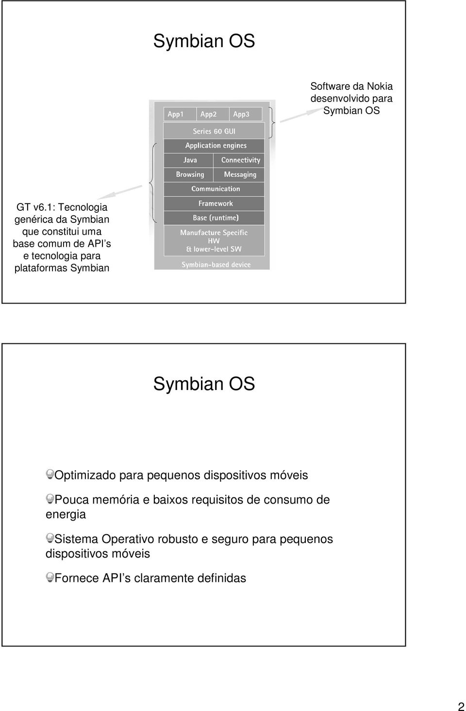 plataformas Symbian Symbian OS Optimizado para pequenos dispositivos móveis Pouca memória e