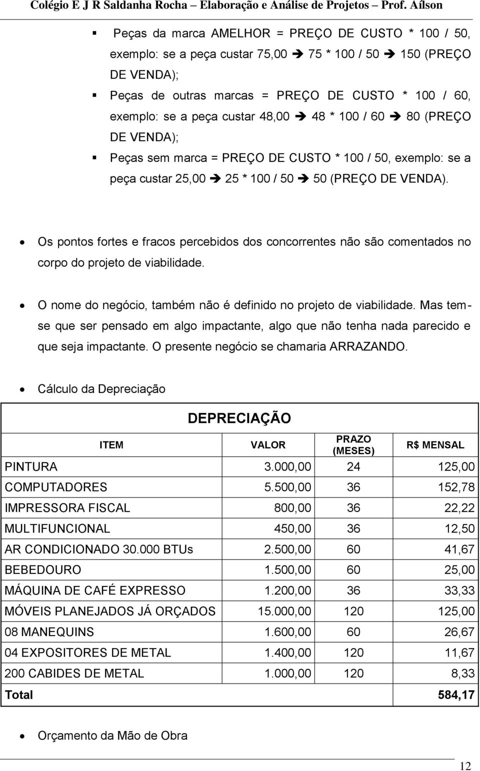 Os pontos fortes e fracos percebidos dos concorrentes não são comentados no corpo do projeto de viabilidade. O nome do negócio, também não é definido no projeto de viabilidade.