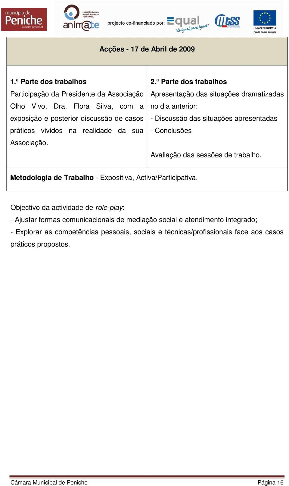 ª Parte dos trabalhos Apresentação das situações dramatizadas no dia anterior: - Discussão das situações apresentadas - Conclusões Avaliação das sessões de trabalho.