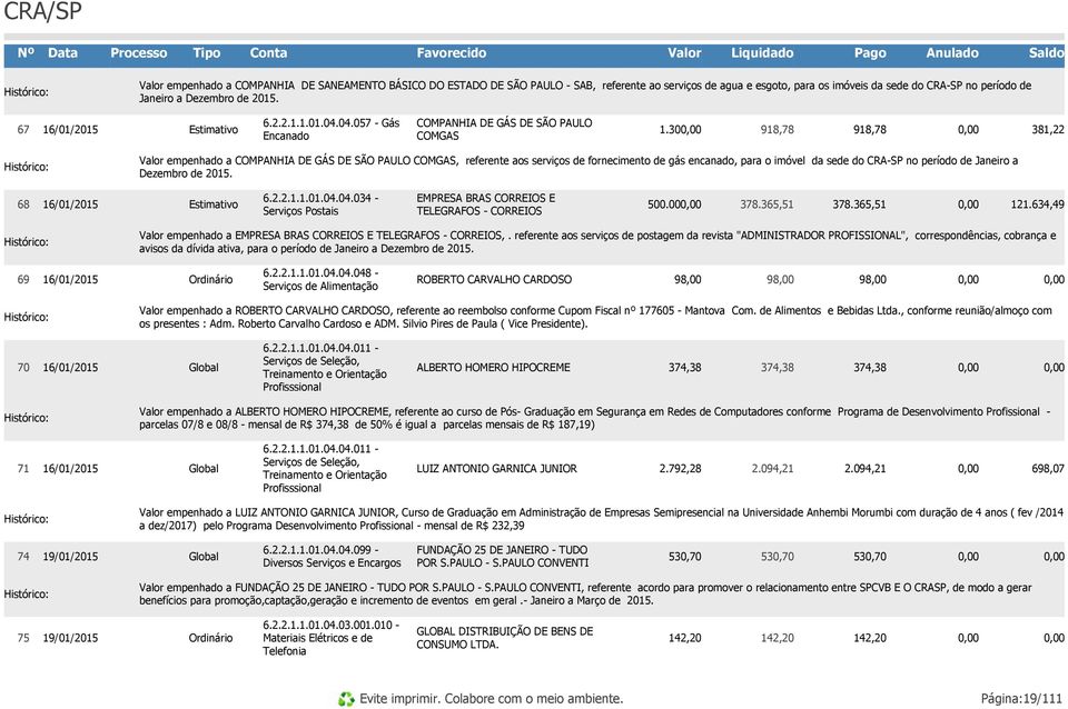 30 918,78 918,78 381,22 empenhado a COMPANHIA DE GÁS DE SÃO PAULO COMGAS, referente aos serviços de fornecimento de gás encanado, para o imóvel da sede do CRA-SP no período de Janeiro a Dezembro de