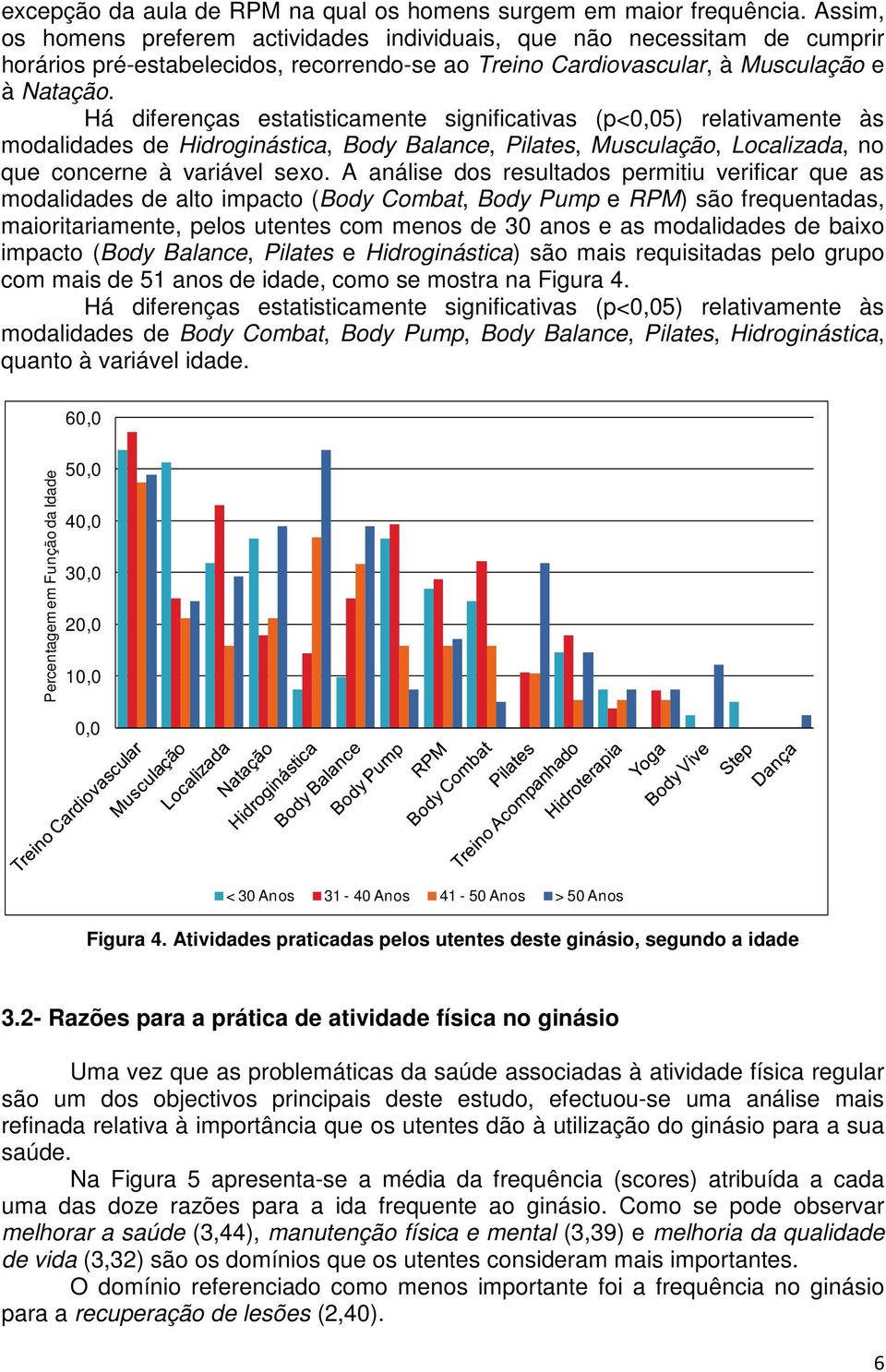 Há diferenças estatisticamente significativas (p<0,05) relativamente às modalidades de Hidroginástica, Body Balance, Pilates, Musculação, Localizada, no que concerne à variável sexo.