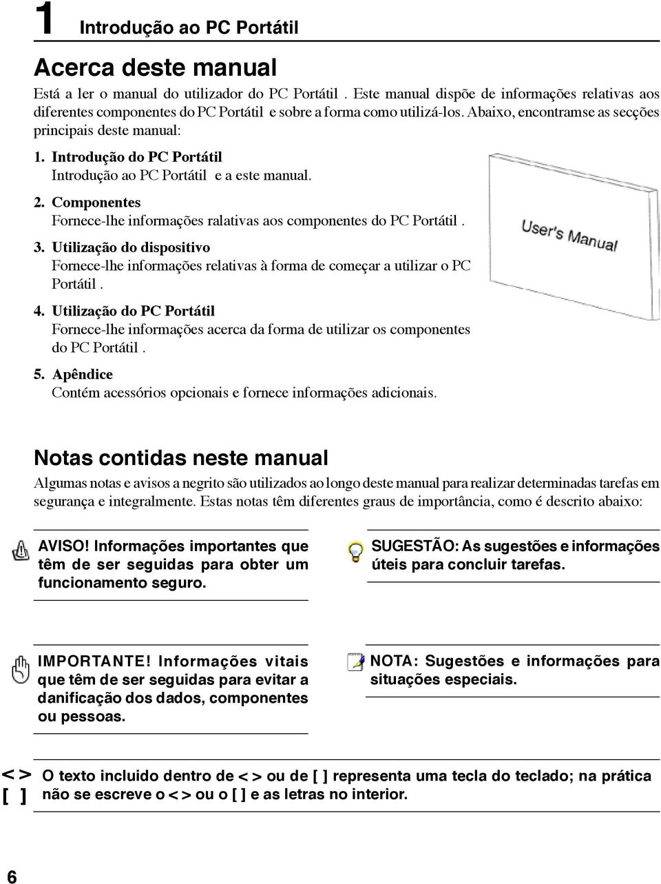 Introdução do PC Portátil Introdução ao PC Portátil e a este manual. 2. Componentes Fornece-lhe informações ralativas aos componentes do PC Portátil. 3.