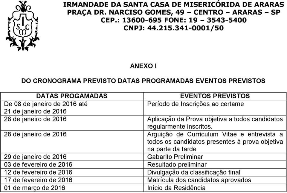 28 de janeiro de 2016 Arguição de Curriculum Vitae e entrevista a todos os candidatos presentes à prova objetiva na parte da tarde 29 de janeiro de 2016 Gabarito