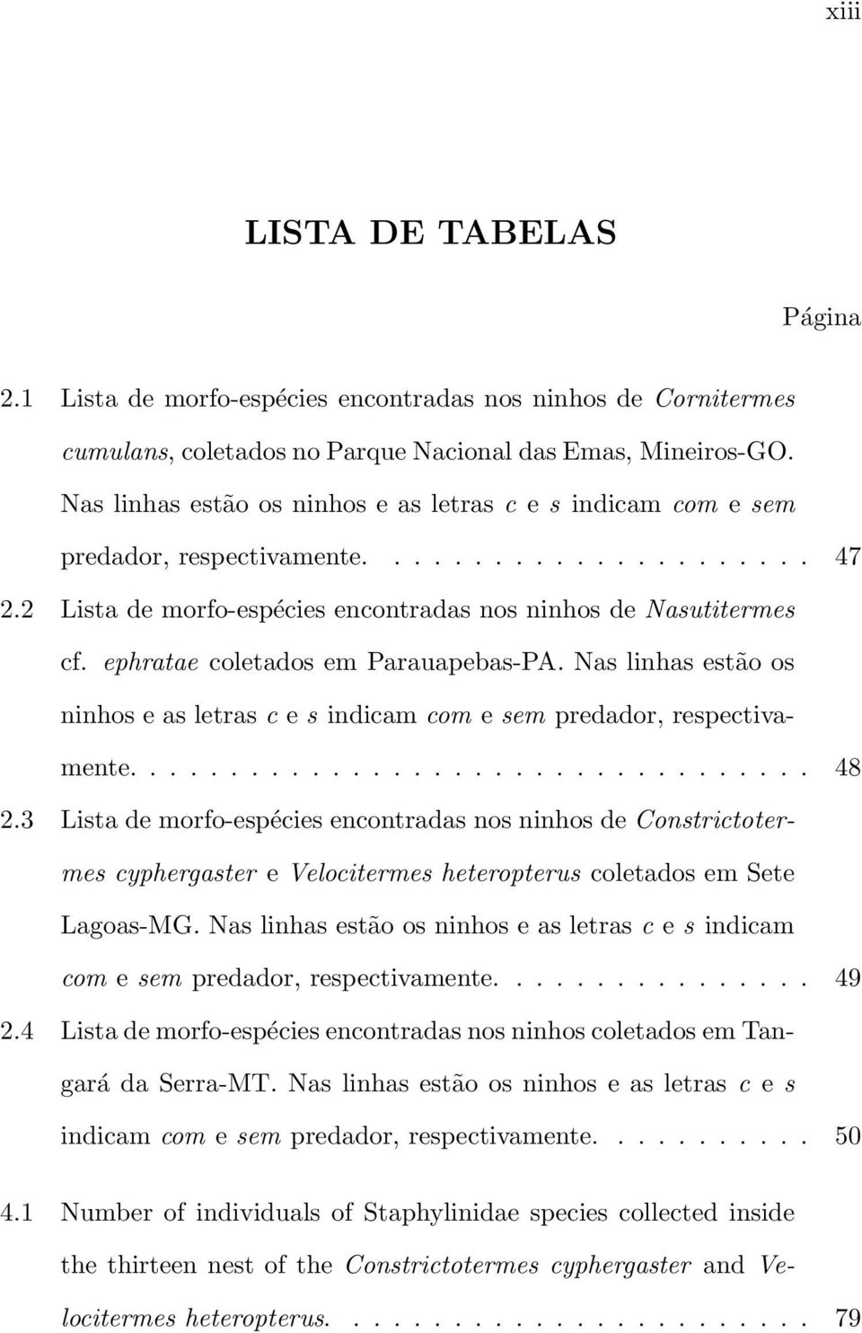 ephratae coletados em Parauapebas-PA. Nas linhas estão os ninhos e as letras c e s indicam com e sem predador, respectivamente.................................. 48 2.