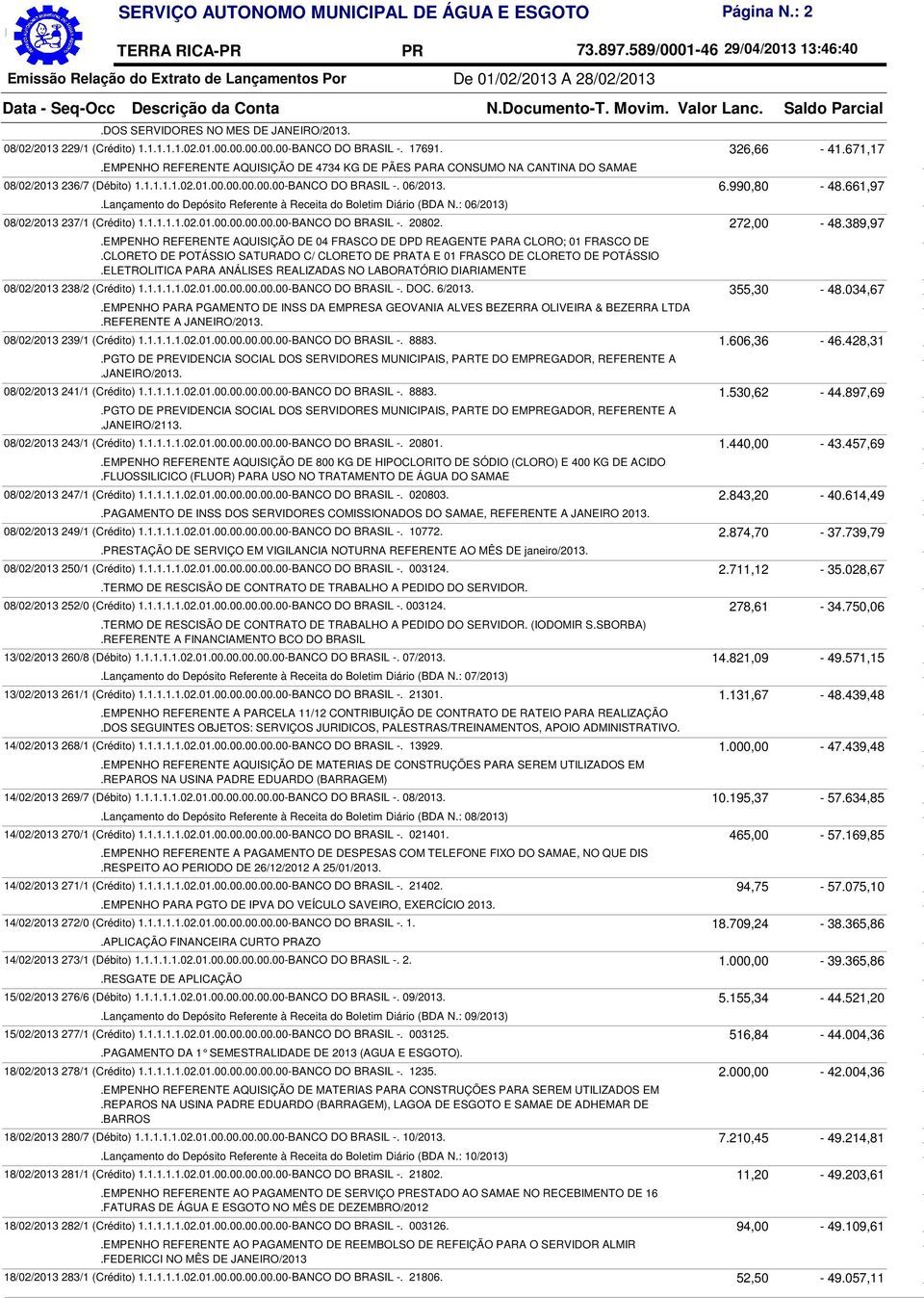 Lançamento do Depósito Referente à Receita do Boletim Diário (BDA N.: 06/2013) 08/02/2013 237/1 (Crédito) 1.1.1.1.1.02.01.00.00.00.00.00-BANCO DO BRASIL -. 20802. 272,00-48.389,97.
