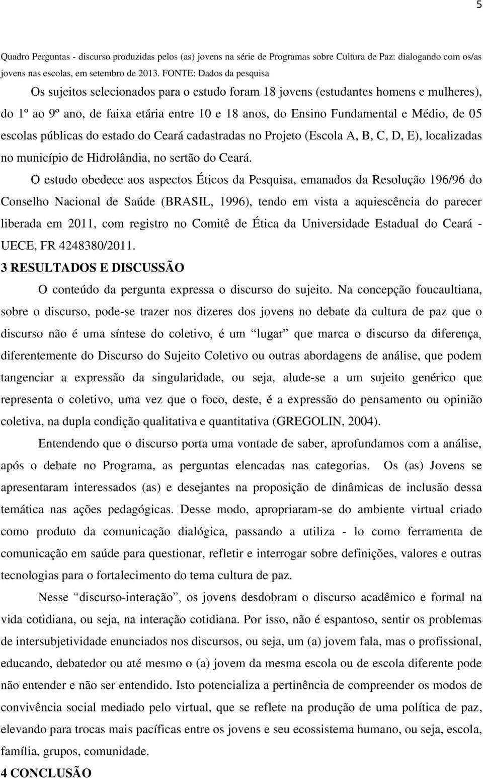 05 escolas públicas do estado do Ceará cadastradas no Projeto (Escola A, B, C, D, E), localizadas no município de Hidrolândia, no sertão do Ceará.