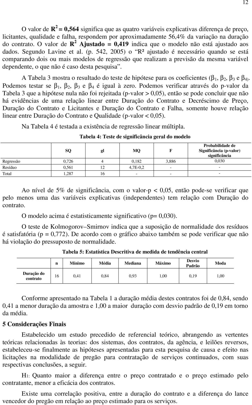 542, 2005) o R² ajustado é necessário quando se está comparando dois ou mais modelos de regressão que realizam a previsão da mesma variável dependente, o que não é caso desta pesquisa.