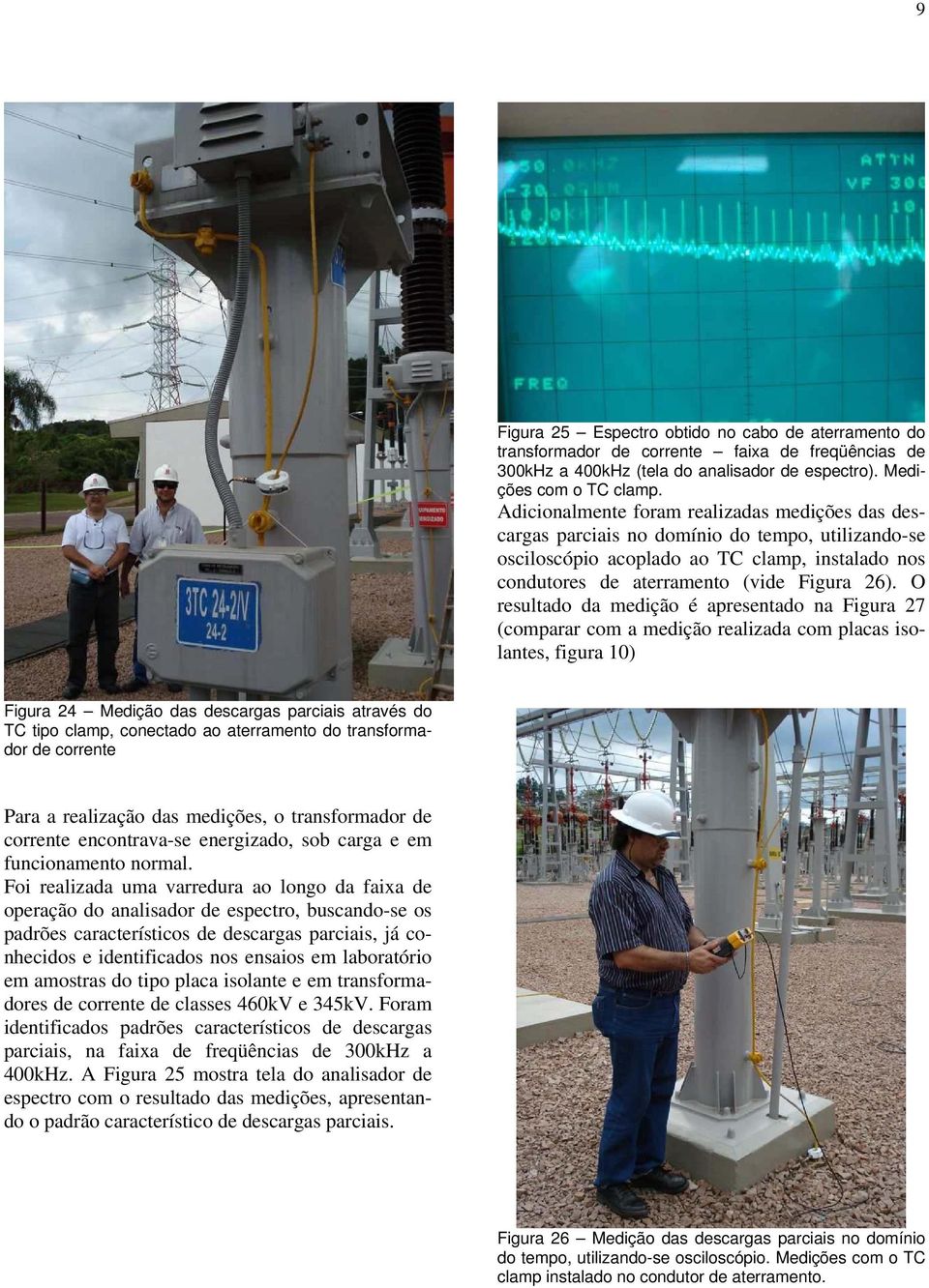 O resultado da medição é apresentado na Figura 27 (comparar com a medição realizada com placas isolantes, figura 10) Figura 24 Medição das descargas parciais através do TC tipo clamp, conectado ao