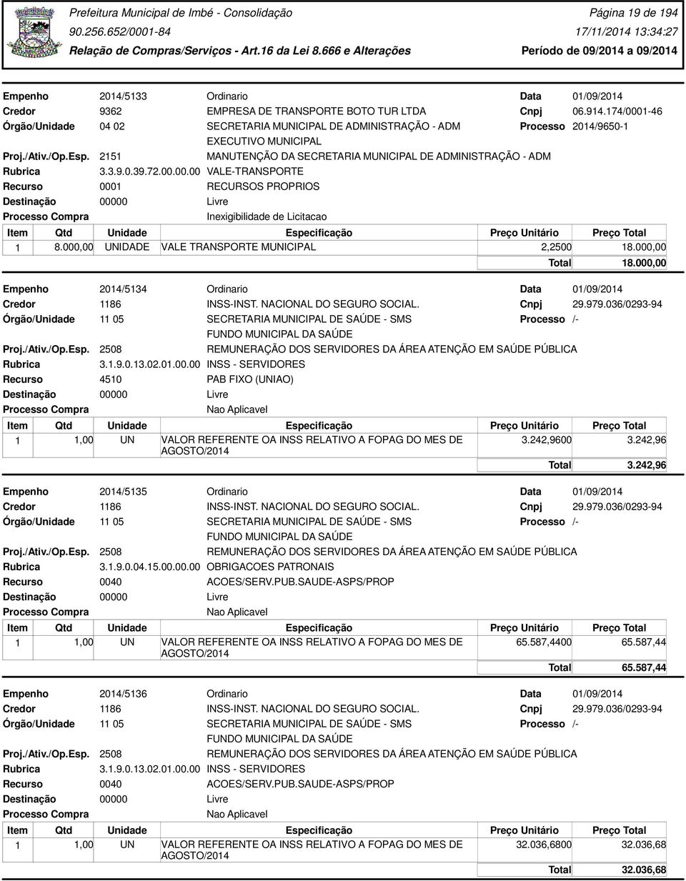 000,00 UNIDADE VALE TRANSPORTE MUNICIPAL 2,2500 18.000,00 Empenho 2014/5134 Ordinario 2508 3.1.9.0.13.02.01.00.00 INSS - SERVIDORES 4510 PAB FIXO (UNIAO) REMUNERAÇÃO DOS SERVIDORES DA ÁREA ATENÇÃO EM SAÚDE PÚBLICA 18.