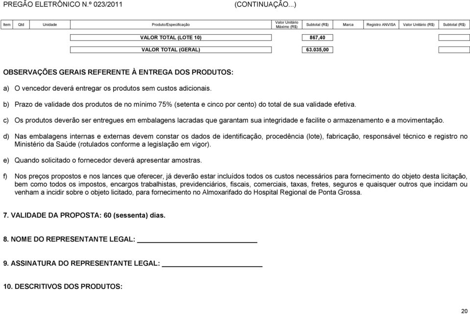 b) Prazo de validade dos produtos de no mínimo 75% (setenta e cinco por cento) do total de sua validade efetiva.