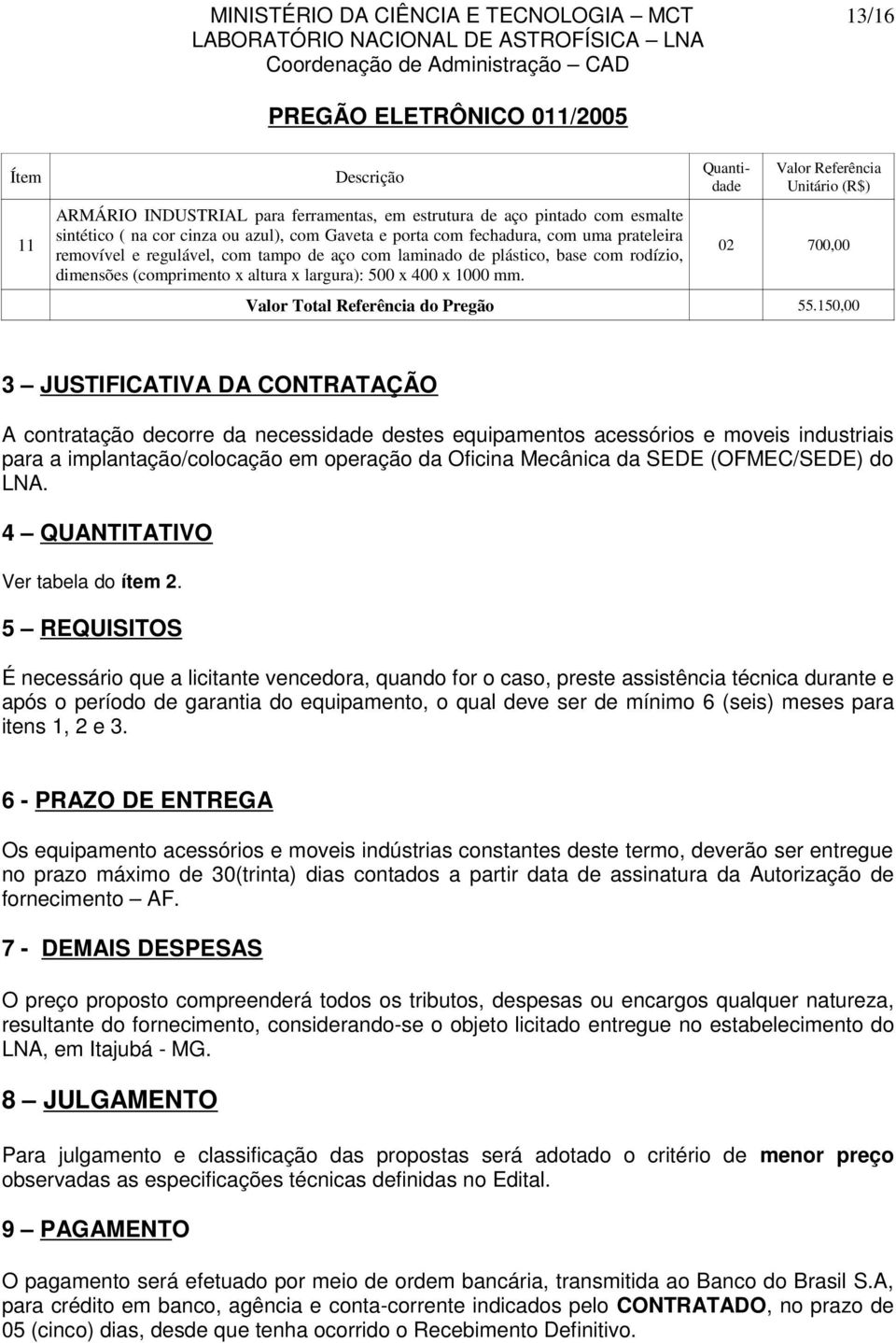 Quantidade Valor Referência Unitário (R$) 02 700,00 Valor Total Referência do Pregão 55.