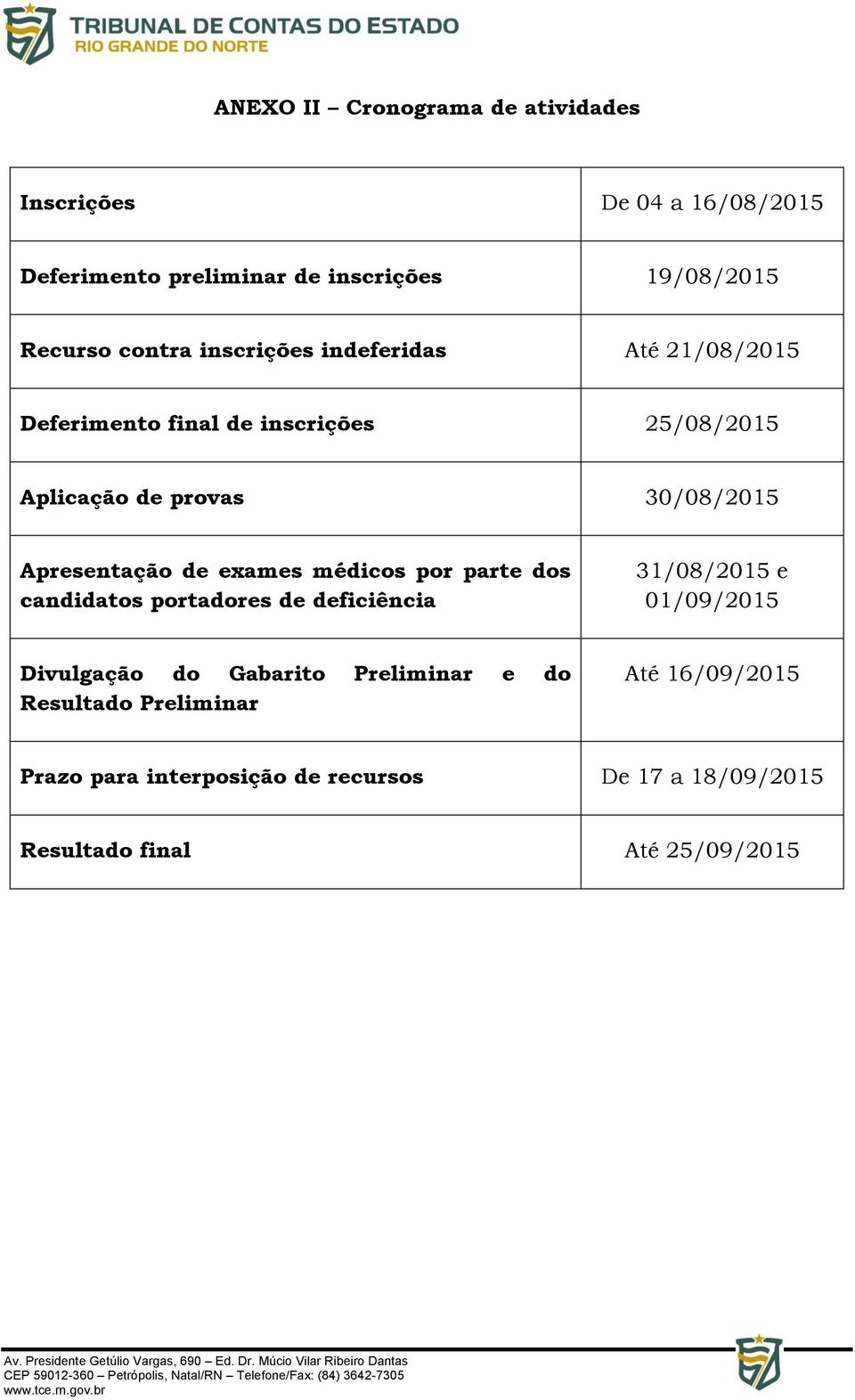 de exames médicos por parte dos candidatos portadores de deficiência 31/08/2015 e 01/09/2015 Divulgação do Gabarito Preliminar