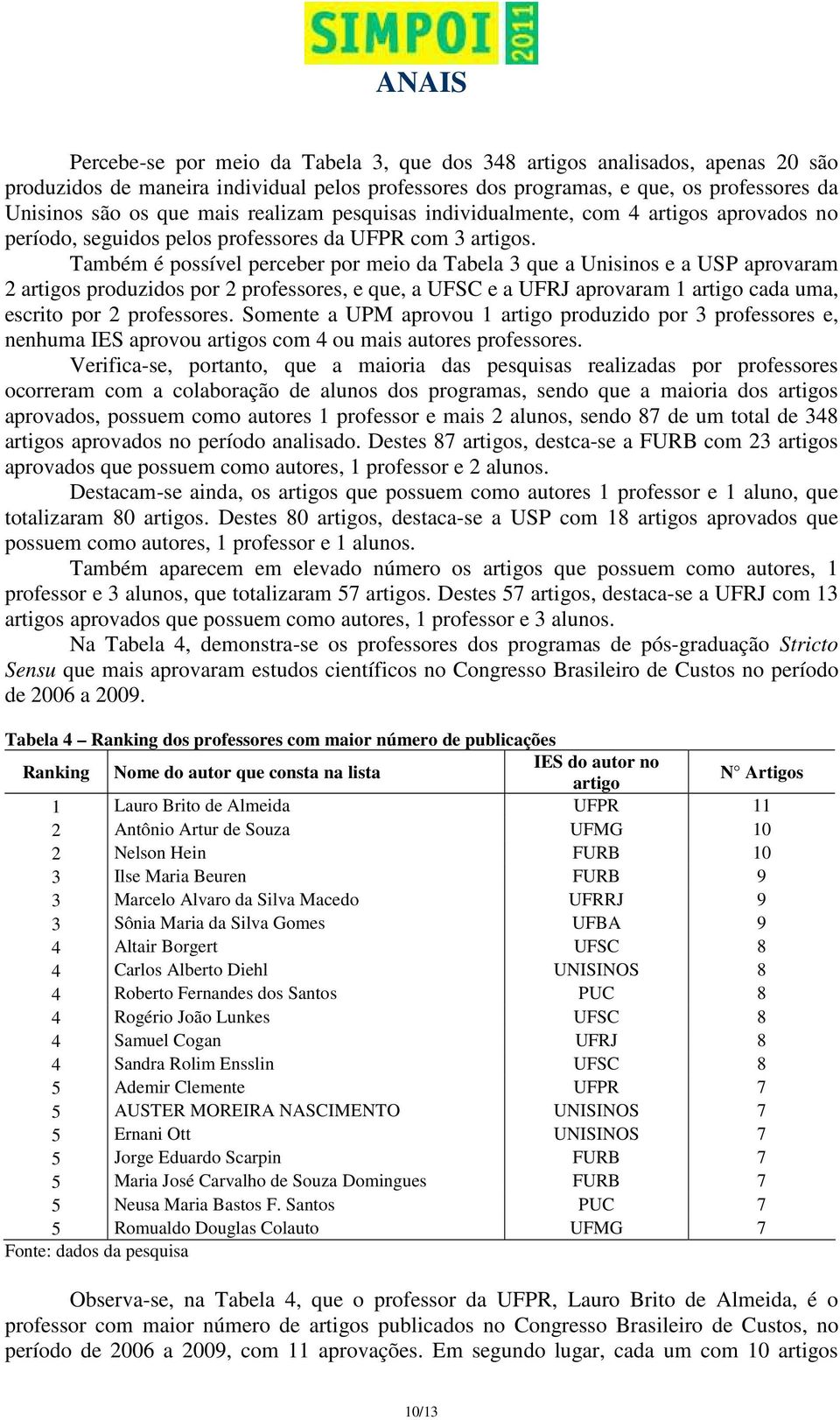 Também é possível perceber por meio da Tabela 3 que a Unisinos e a USP aprovaram 2 artigos produzidos por 2 professores, e que, a UFSC e a UFRJ aprovaram 1 artigo cada uma, escrito por 2 professores.