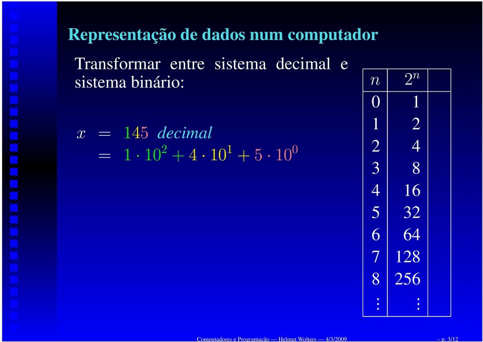 binário: x = 145 decimal = 1 10 2 + 4 10 1 + 5 10 0