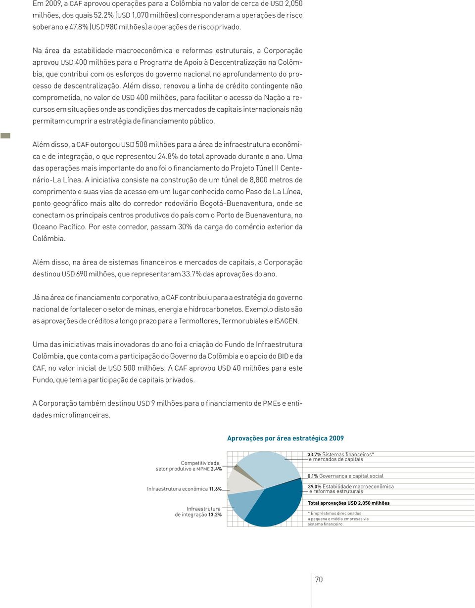 Na área da estabilidade macroeconômica e reformas estruturais, a Corporação aprovou USD 400 milhões para o Programa de Apoio à Descentralização na Colômbia, que contribui com os esforços do governo