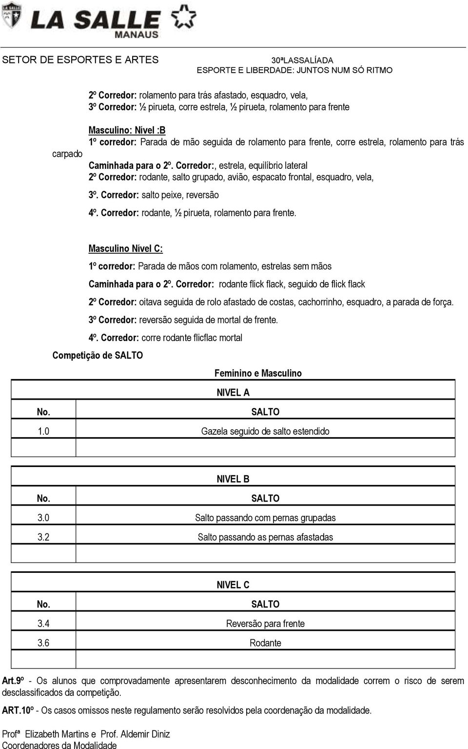 Corredor: salto peixe, reversão 4º. Corredor: rodante, ½ pirueta, rolamento para frente. Masculino Nível C: 1º corredor: Parada de mãos com rolamento, estrelas sem mãos Caminhada para o 2º.