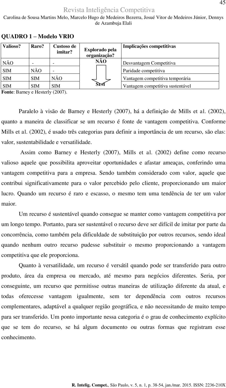 e Hesterly (2007). 45 Paralelo à visão de Barney e Hesterly (2007), há a definição de Mills et al. (2002), quanto a maneira de classificar se um recurso é fonte de vantagem competitiva.