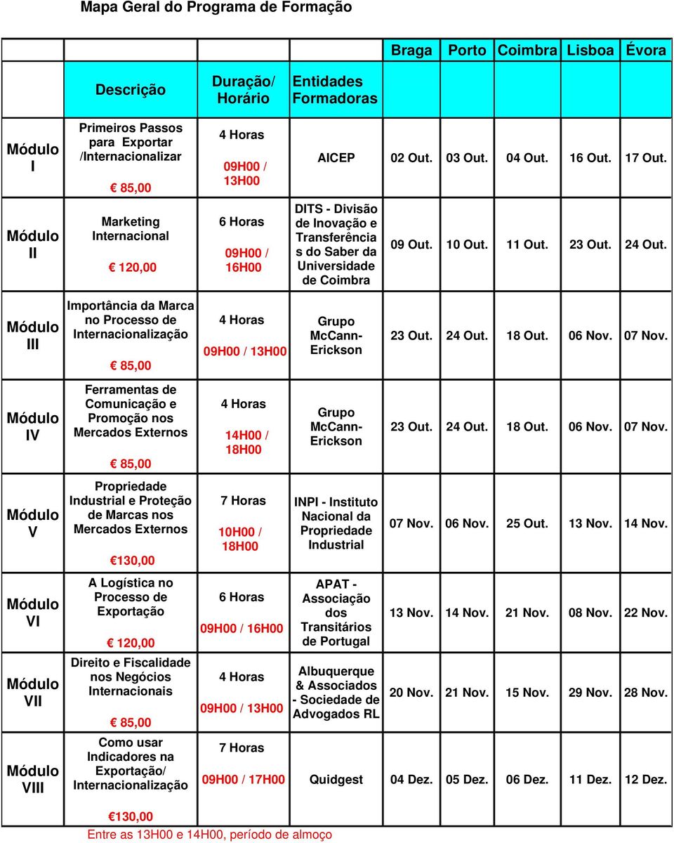 24 Out. III Importância da Marca no Processo de Internacionalização 09H00 / 13H00 Grupo McCann- Erickson 23 Out. 24 Out. 18 Out. 06 Nov. 07 Nov.