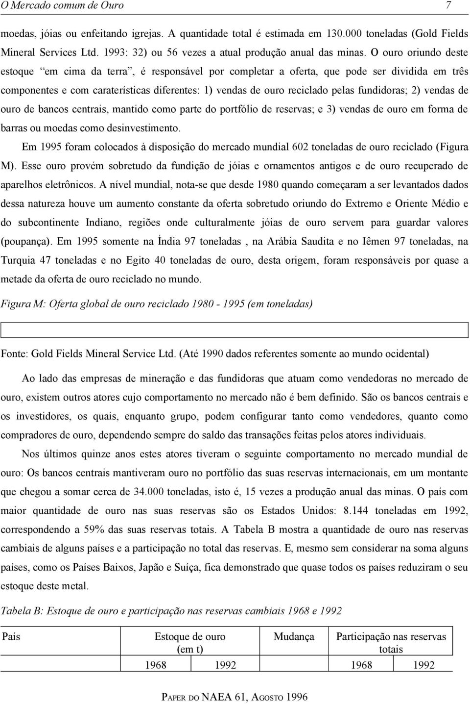 O ouro oriundo deste estoque em cima da terra, é responsável por completar a oferta, que pode ser dividida em três componentes e com caraterísticas diferentes: 1) vendas de ouro reciclado pelas