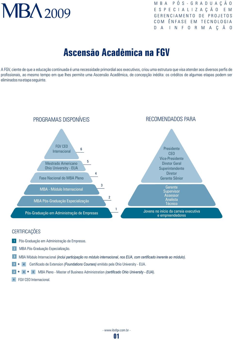 PROGRAMAS DISPONÍVEIS RECOMENDADOS PARA FGV CEO Internacional Mestrado Americano Ohio University - EUA Fase Nacional do MBA Pleno 6 5 4 Presidente CEO Vice-Presidente Diretor Geral Superintendente