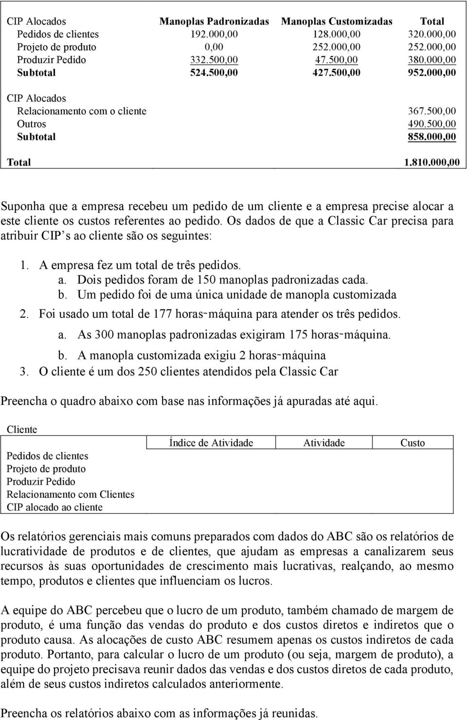 000,00 Suponha que a empresa recebeu um pedido de um cliente e a empresa precise alocar a este cliente os custos referentes ao pedido.