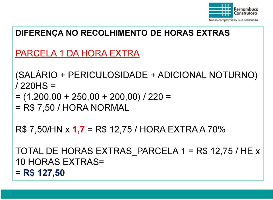 200,00 + 250,00 + 200,00) / 220 = = R$ 7,50 / HORA NORMAL R$ 7,50/HN x 1,7 =