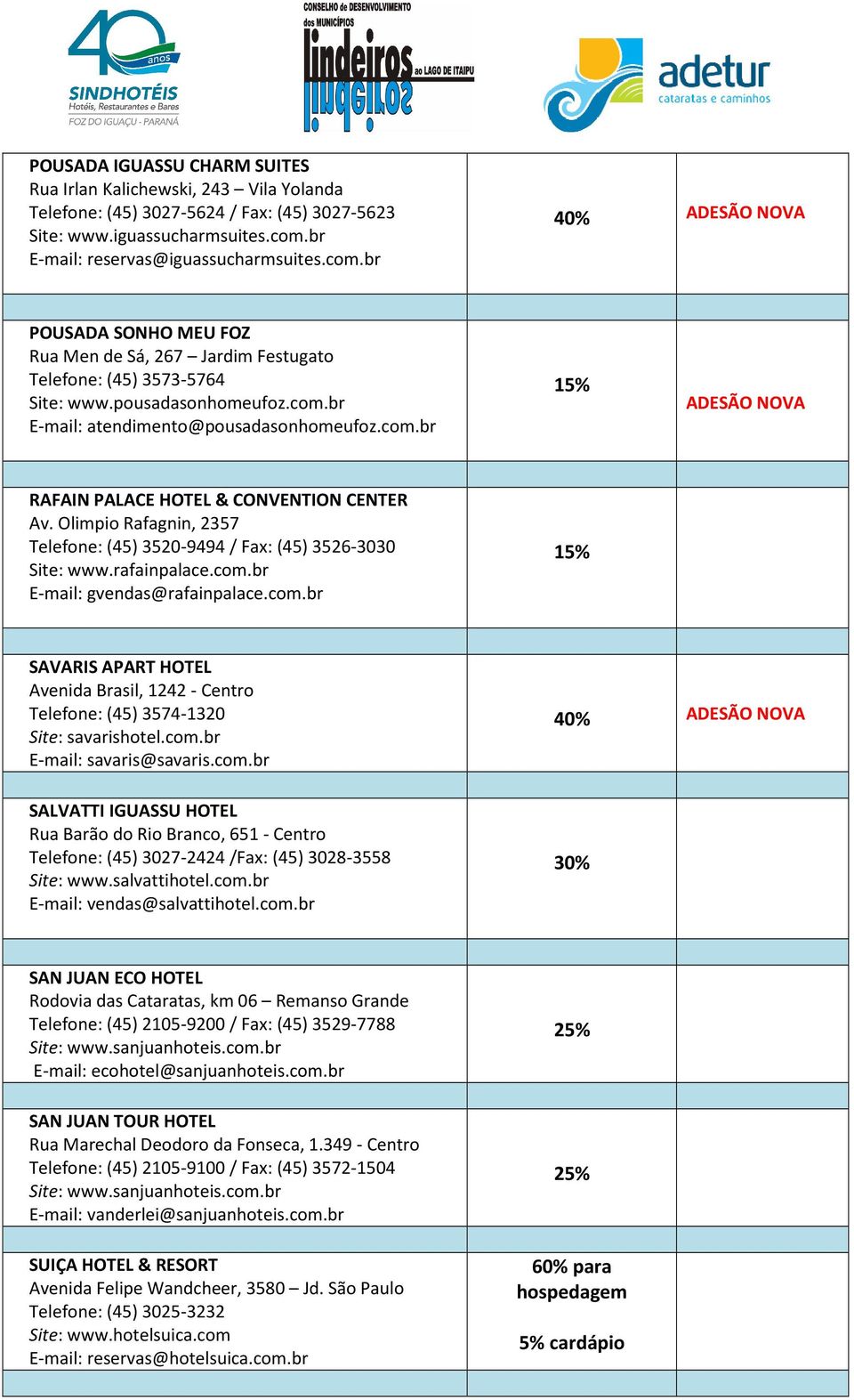 com.br 15% ADESÃO NOVA RAFAIN PALACE HOTEL & CONVENTION CENTER Av. Olimpio Rafagnin, 2357 Telefone: (45) 3520-9494 / Fax: (45) 3526-3030 Site: www.rafainpalace.com.br E-mail: gvendas@rafainpalace.com.br 15% SAVARIS APART HOTEL Avenida Brasil, 1242 - Centro Telefone: (45) 3574-1320 Site: savarishotel.