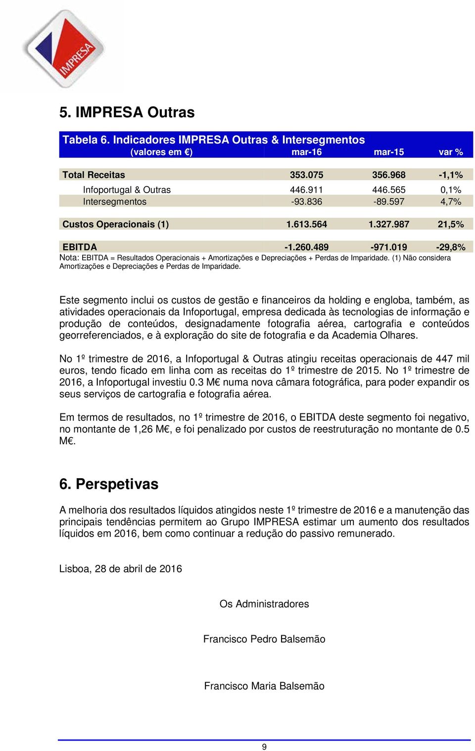 019-29,8% Nota: EBITDA = Resultados Operacionais + Amortizações e Depreciações + Perdas de Imparidade. (1) Não considera Amortizações e Depreciações e Perdas de Imparidade.