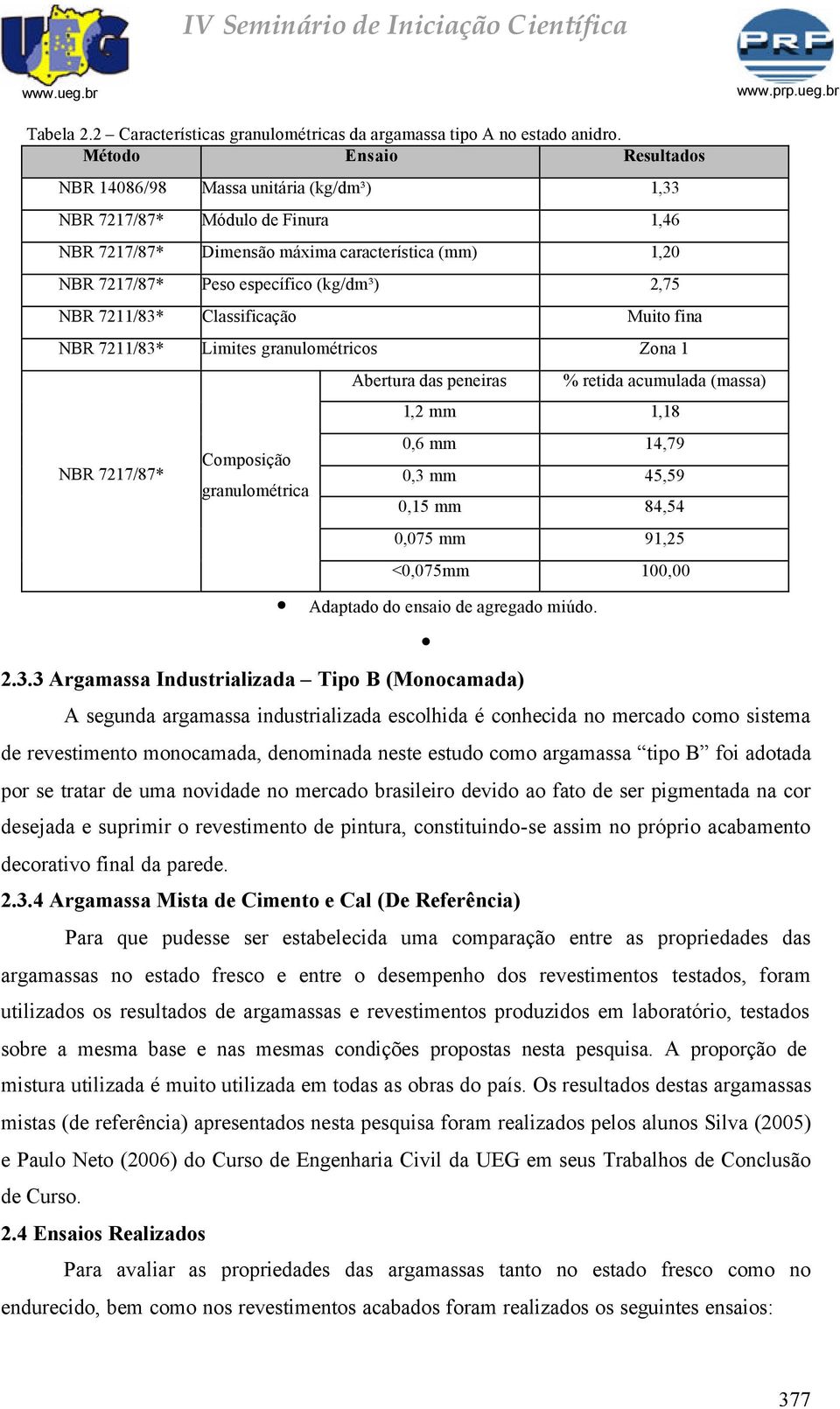 NBR 7211/83* Classificação Muito fina NBR 7211/83* Limites granulométricos Zona 1 NBR 7217/87* Composição granulométrica Abertura das peneiras % retida acumulada (massa) 1,2 mm 1,18 0,6 mm 14,79 0,3