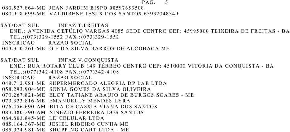 CONQUISTA END.: RUA ROTARY CLUB 149 TÉRREO CENTRO CEP: 4510000 VITORIA DA CONQUISTA - BA TEL.:(077)342-4108 FAX.:(077)342-4108 048.712.981-ME SUPERMERCADO ALEGRIA DP LAR LTDA 058.293.