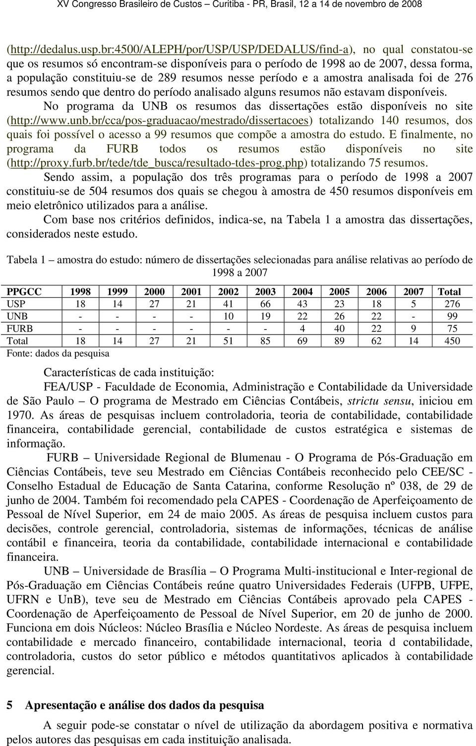 nesse período e a amostra analisada foi de 276 resumos sendo que dentro do período analisado alguns resumos não estavam disponíveis.