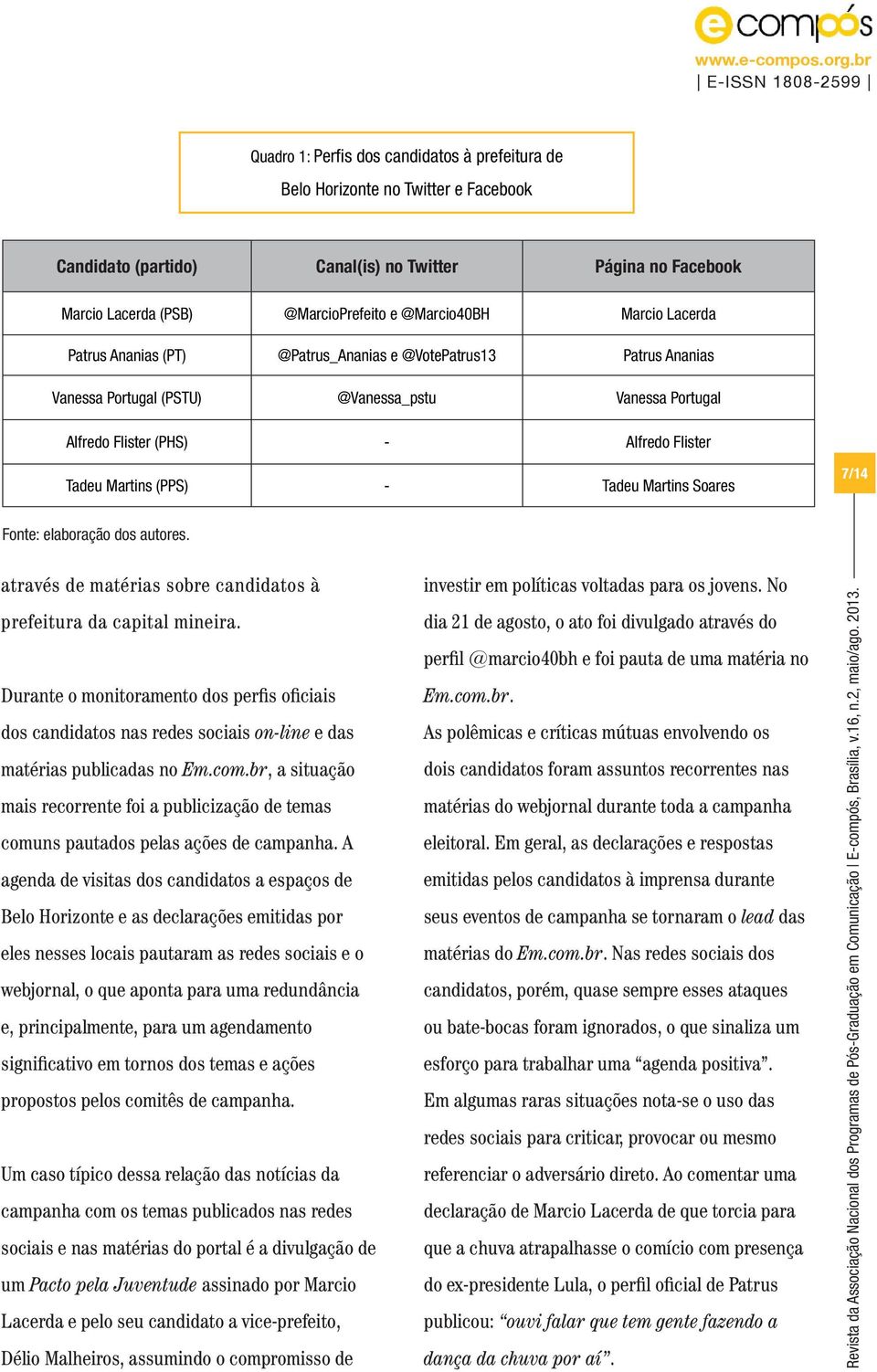 Tadeu Martins Soares 7/14 Fonte: elaboração dos autores. através de matérias sobre candidatos à prefeitura da capital mineira.